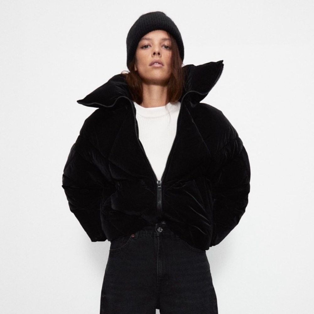 Zara Black Puffer Jacket, Velvet-like Sheen